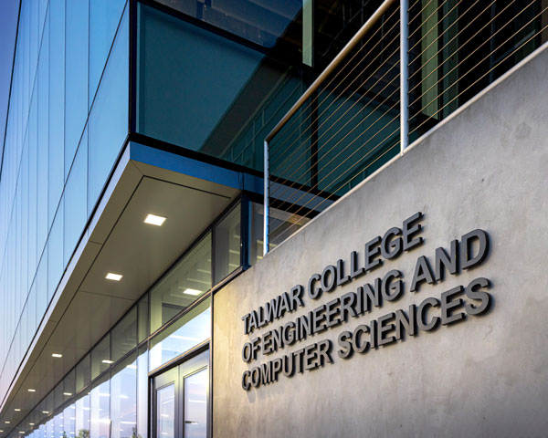 Tallwar College of Engineering and Computer Sciences signage on the Zollner Engineering Center entrance