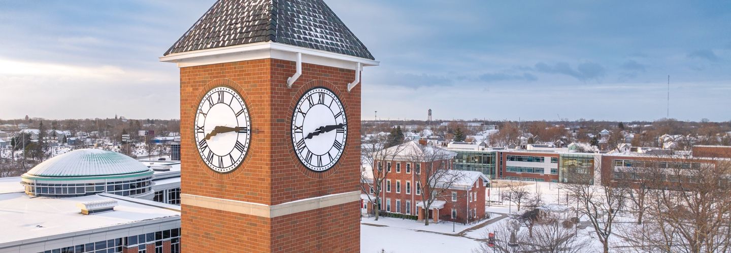 Aerial view of the Abbott Building in the snow